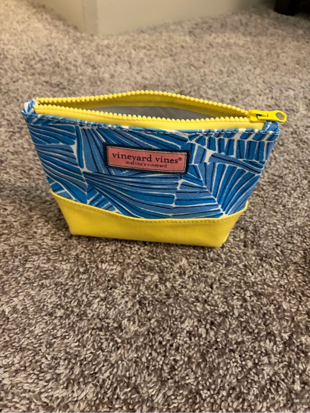 Vineyard Vines Blue Leaf Print & Yellow Cosmetic Pouch